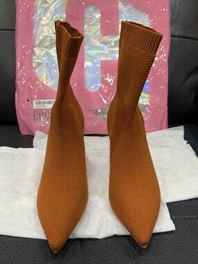 Pointed Toe Stretch-Knit Sock Boots in Rust Brown
